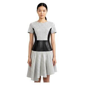 Tibi Whitby Faux Leather Panel Fit & Flare Dress 2 Stretch Tweed Monochrome